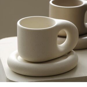 Modern Cream Ceramic Mug and Saucer Set